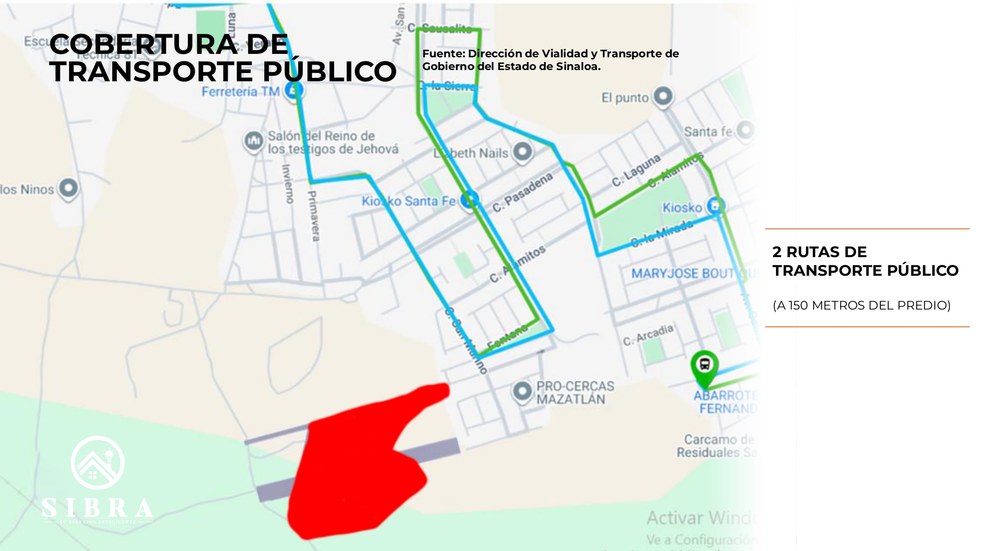 Mapa de cobertura de transporte público con comercios sobre la vialidad de acceso al predio