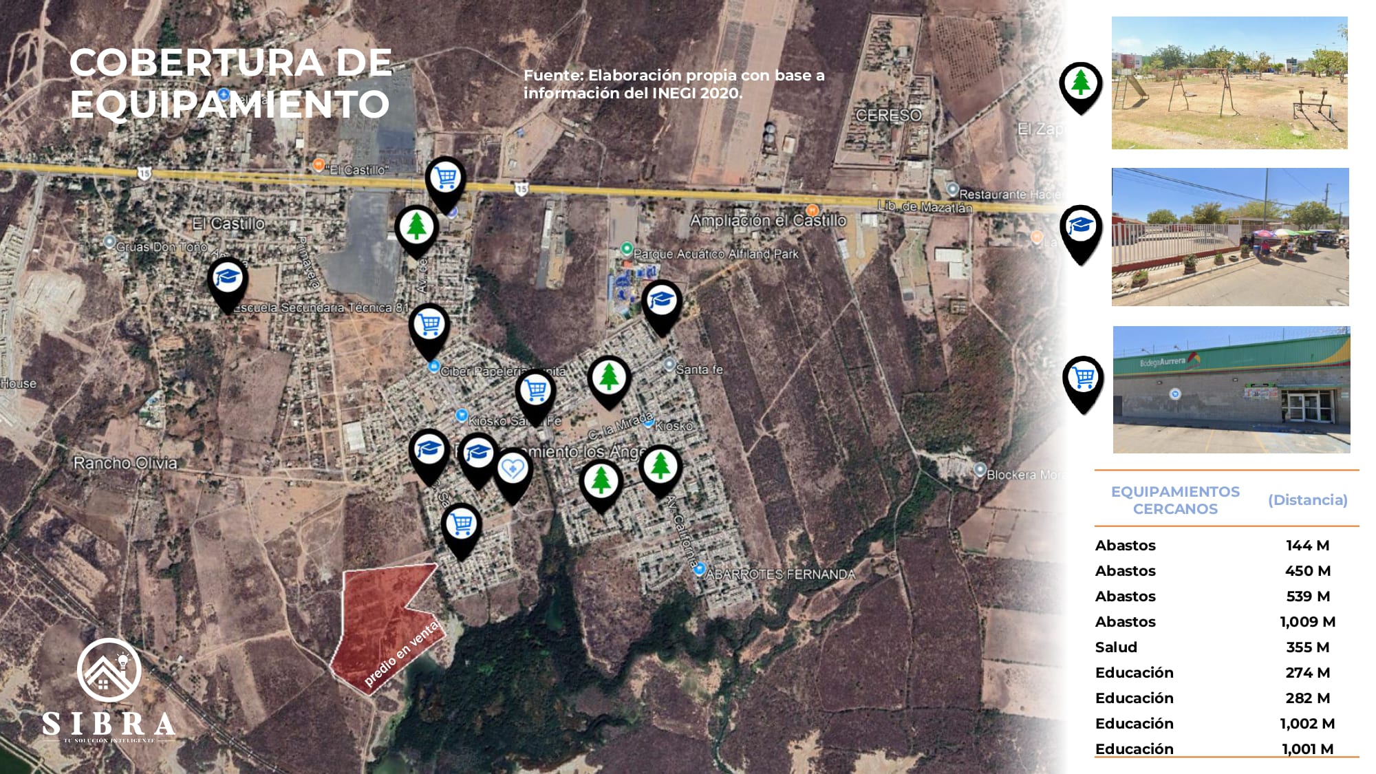 Mapa de cobertura de equipamiento con escuelas, comercios y servicios de salud cercanos al predio, con distancias marcadas