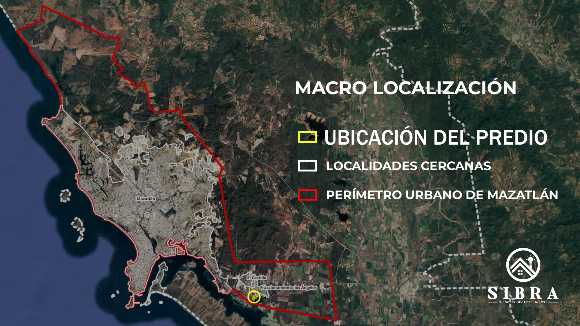 Mapa satelital de macro localización de Mazatlán con el perímetro urbano y la ubicación del predio marcados